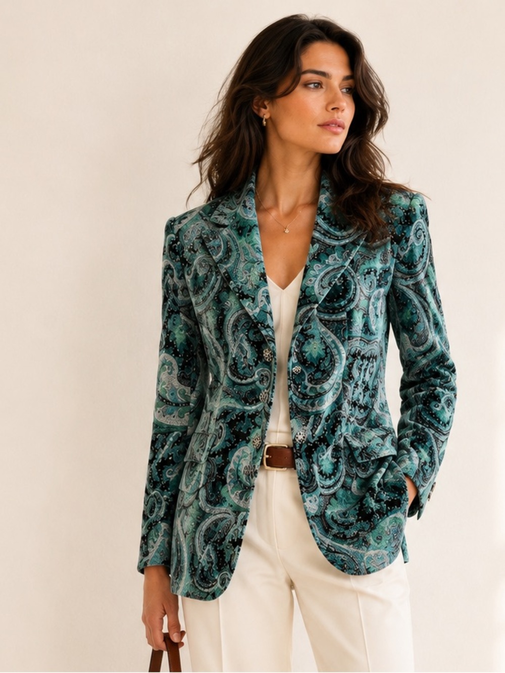Velvet Paisley Dagger Collar Blazer Statement Textured Teal Sz M